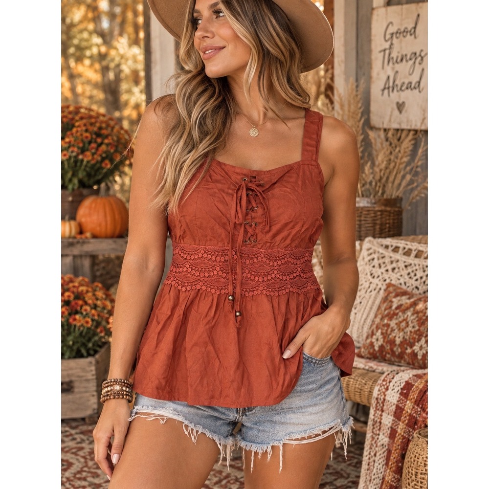 NWT Boho Lace Up Peplum Cami Top Rust Orange Crochet Waist Angie Small